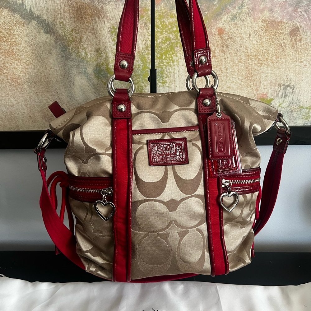 Coach Daisy Poppy 2012 Red and Tan Signature Tote Bag